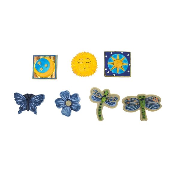7 Button Covers Celestial Floral Dragonfly Butterfly Sun Moon Stars Blue Yellow - Picture 1 of 11
